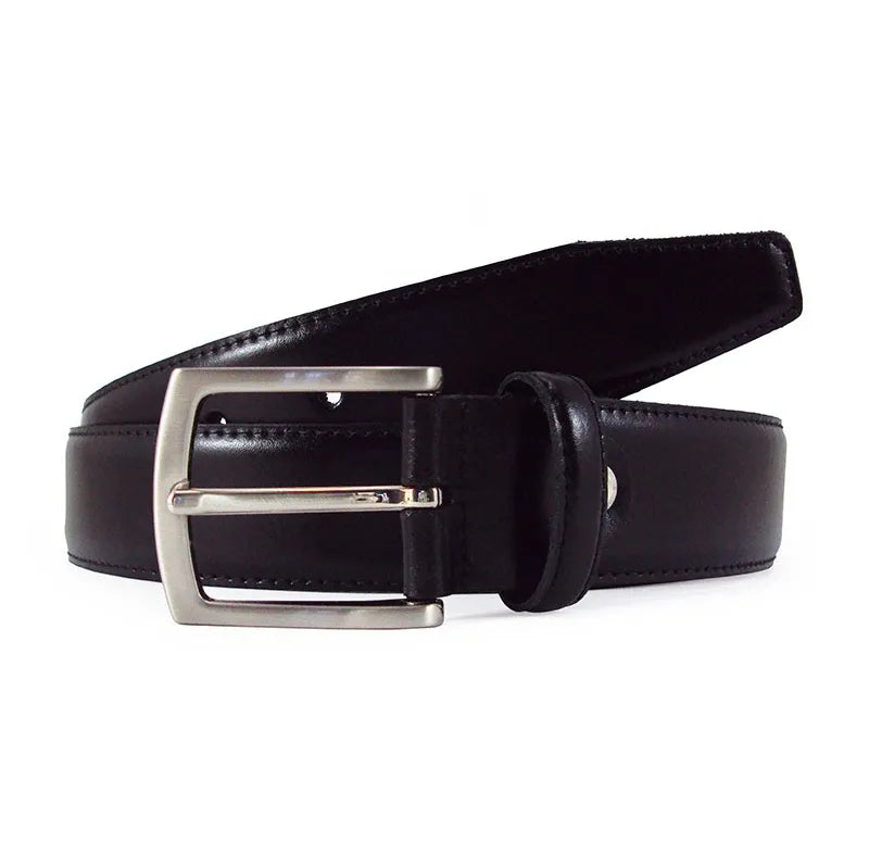 cinturon de piel negro de vestir enrollado con pespunte lateral y hebilla satinada