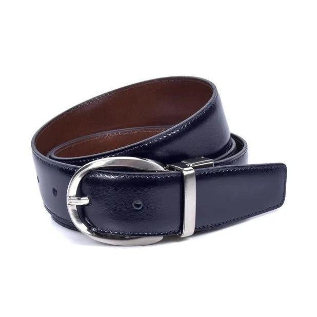 cinturon reversible azul marino con interior marron y hebilla oval de niquel
