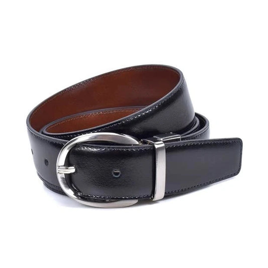 cinturon reversible de piel negro enrollado con hebilla oval de niquel e interior marron