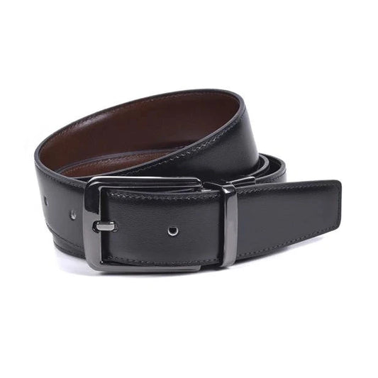 vista frontal del cinturon reversible negro con hebilla rectangular niquel satinado e interior marron