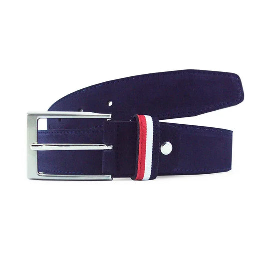 cinturon de serraje azul con hebilla rectangular y pasador tricolor vista tres cuartos