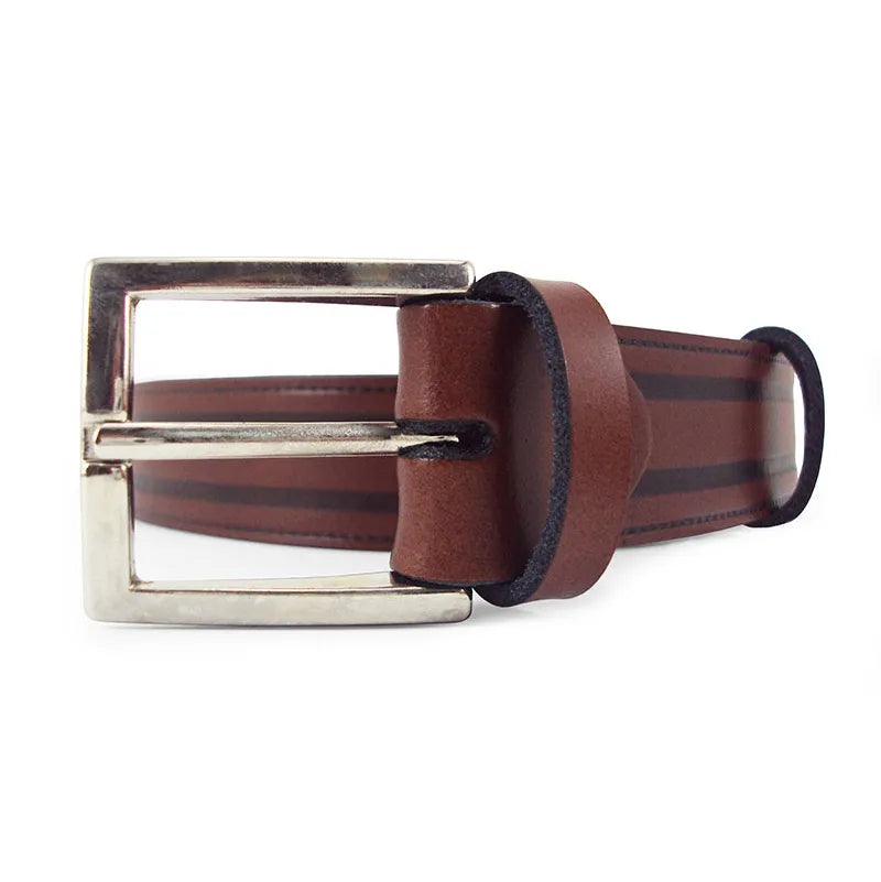 cinturon de serraje marron con franjas en relieve vista tres cuartos con hebilla rectangular niquel