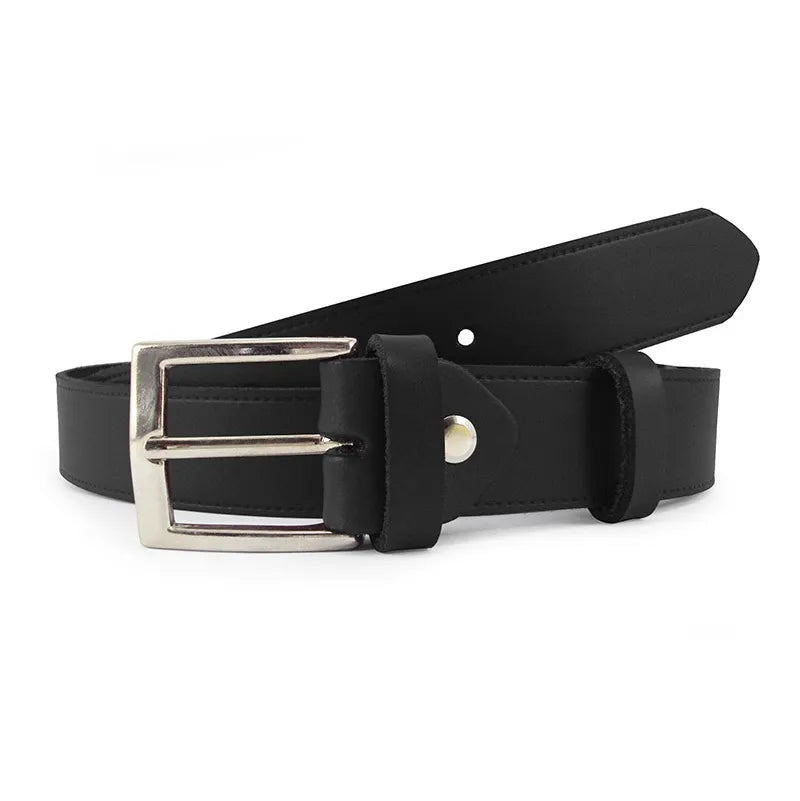 cinturon de serraje negro liso enrollado con hebilla rectangular niquelada y pasador