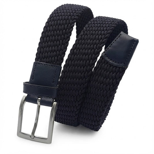 cinturon trenzado elastico enrollado con terminaciones en piel y hebilla metalica satinada