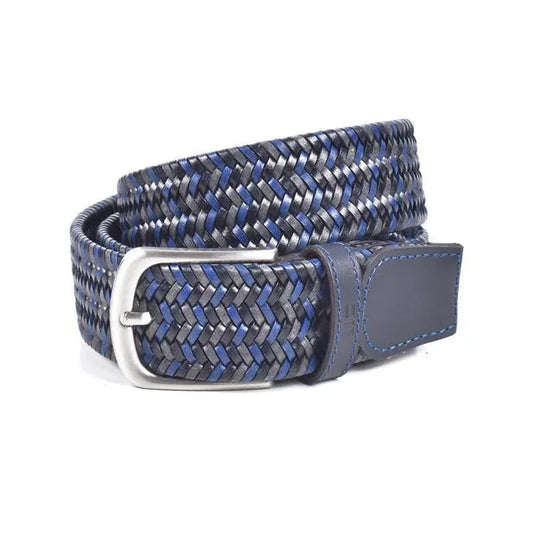 cinturon trenzado de piel azul y gris enrollado con hebilla niquel y pasador