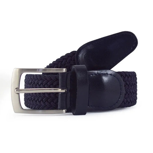 cinturon trenzado azul marino enrollado con extremos de piel y hebilla rectangular niquel