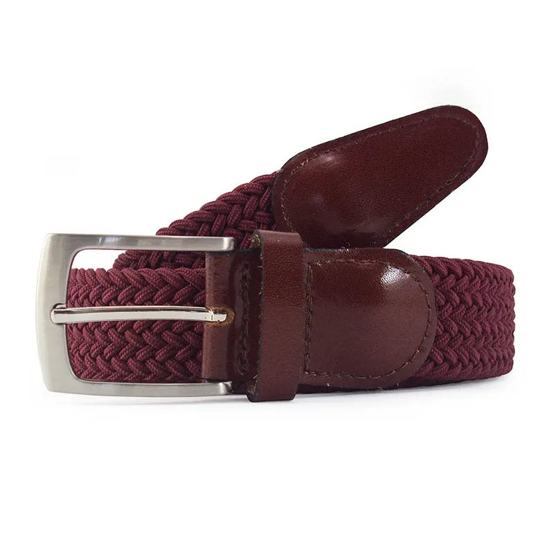 cinturon trenzado burdeos enrollado con remates de piel y hebilla rectangular niquel
