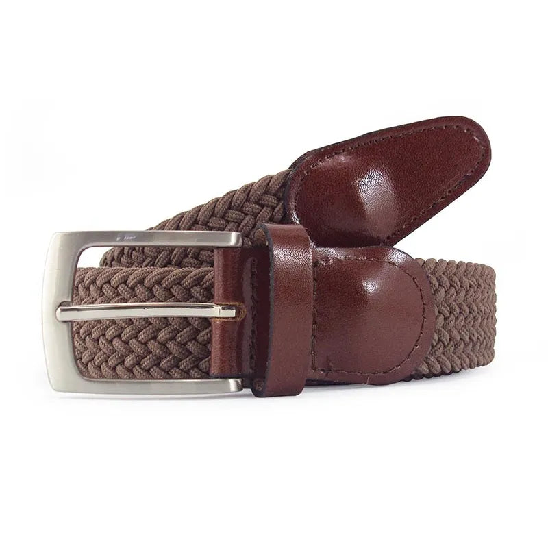 cinturon trenzado marron claro enrollado con remates de piel y hebilla rectangular niquel