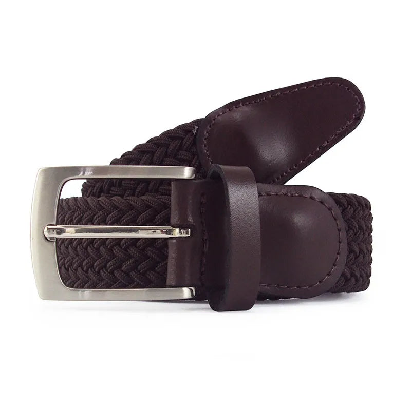 cinturon trenzado marron oscuro enrollado con remates de piel y hebilla rectangular niquel