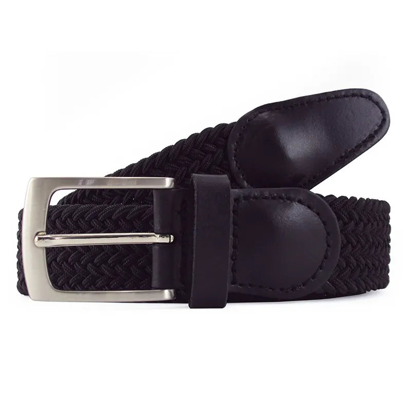 cinturon trenzado negro enrollado con remates de piel y hebilla rectangular niquel