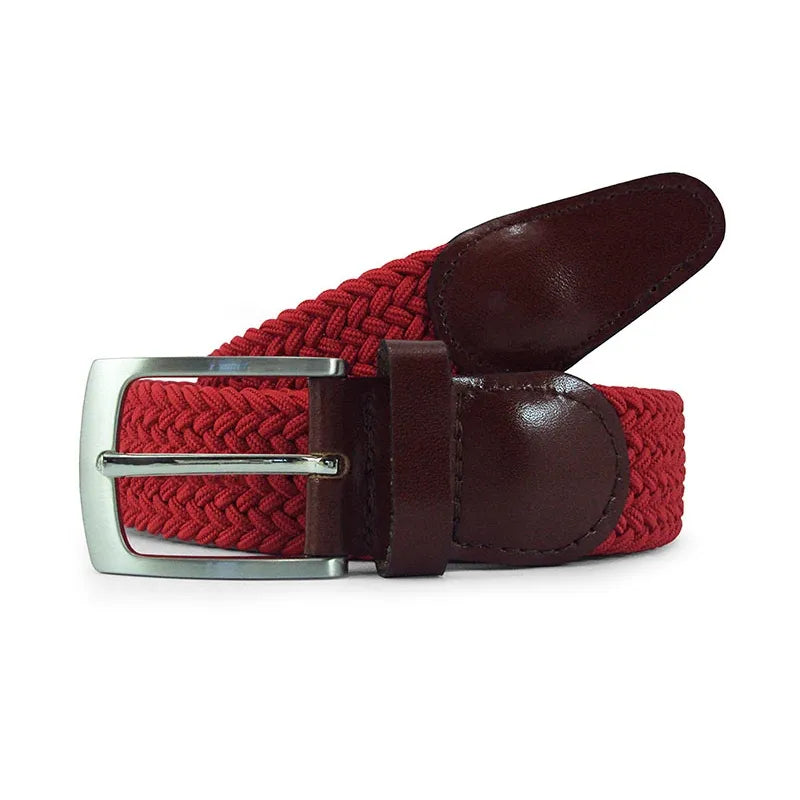 cinturon trenzado rojo enrollado con remates de piel y hebilla rectangular niquel