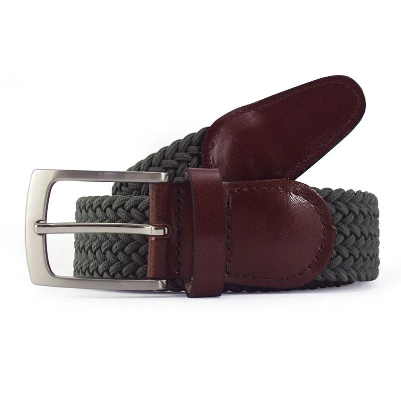 cinturon trenzado verde oliva enrollado con remates de piel y hebilla rectangular niquel