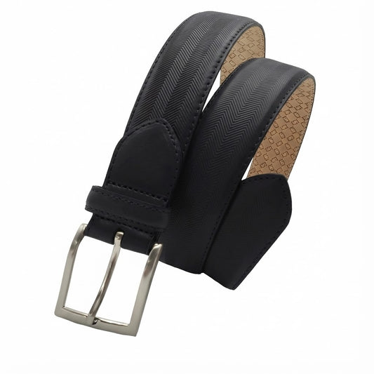 cinturon de vaqueta chevron negro enrollado con relieve zigzag y hebilla satinada