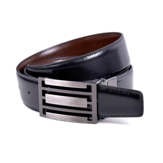 Cinturón reversible de piel negro y marrón con hebilla de broche metálico