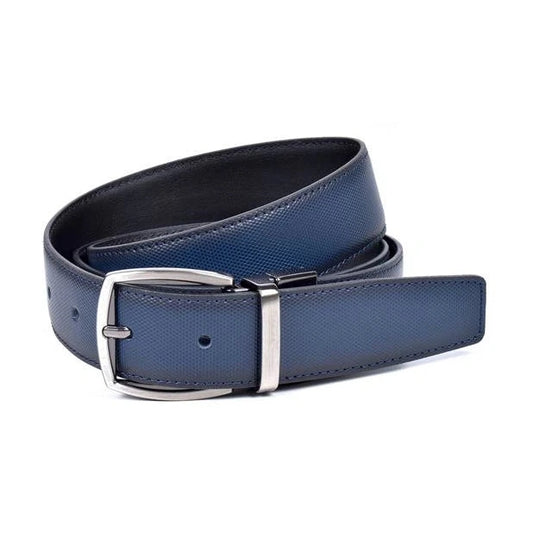 detalle de hebilla giratoria niquel y tira azul micrograno con reverso negro